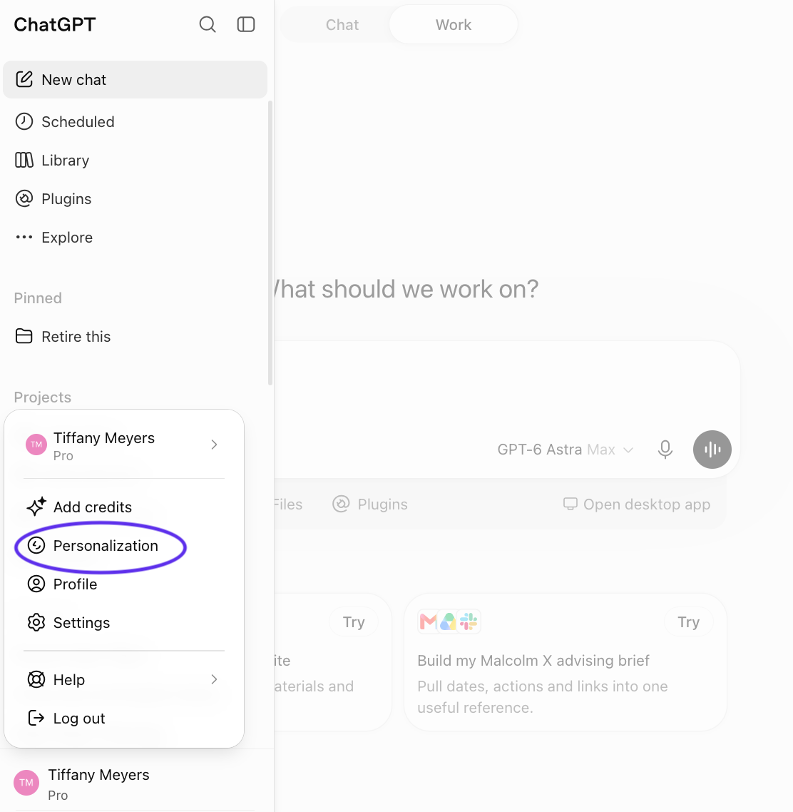 ChatGPT's profile menu with Personalization circled