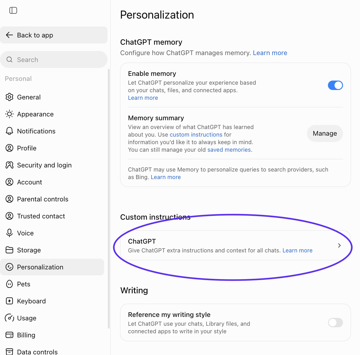 ChatGPT's Personalization settings page, showing Memory, Custom instructions and Writing sections