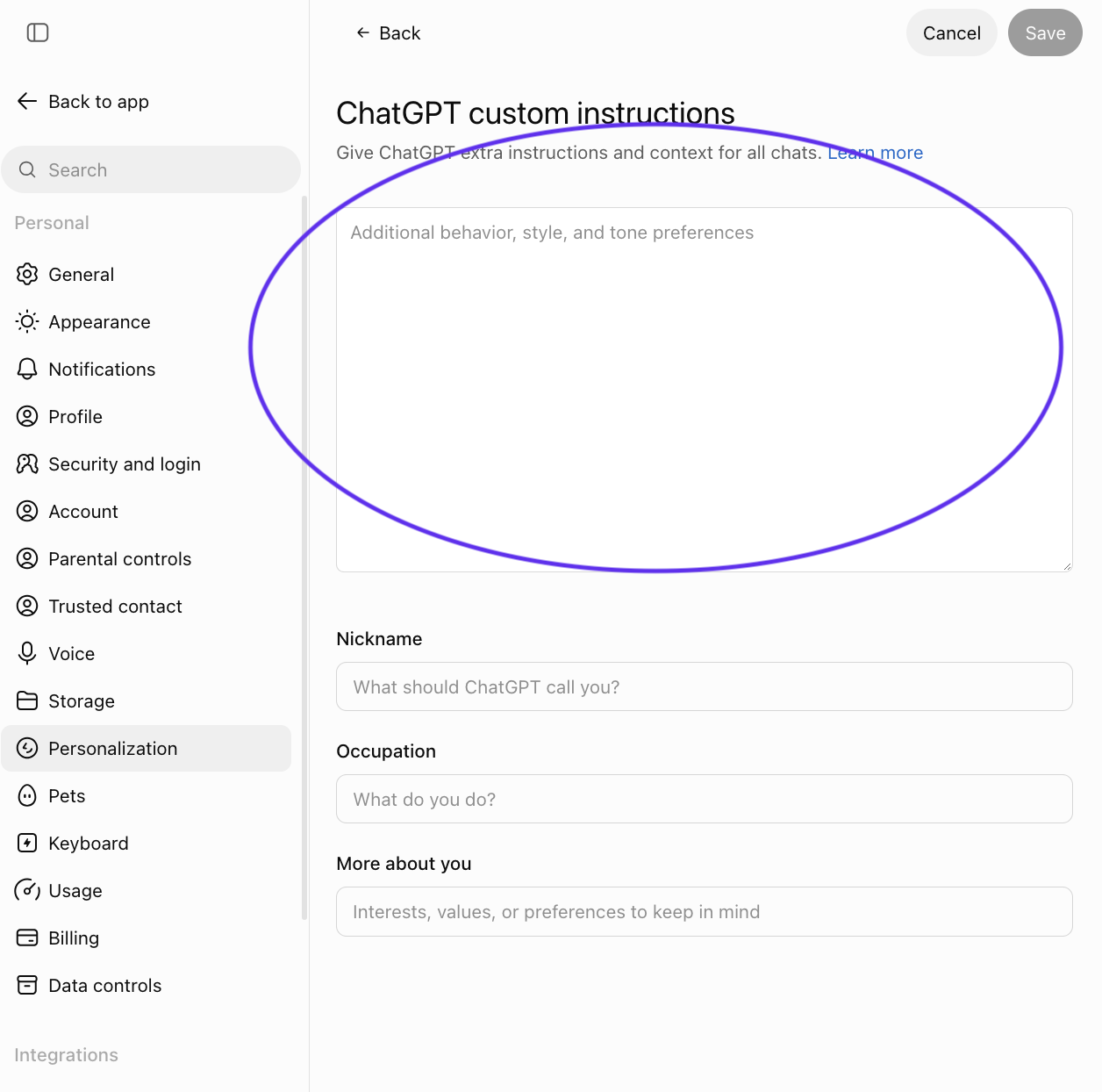 ChatGPT's custom instructions modal, with Nickname, Occupation and More about you fields empty