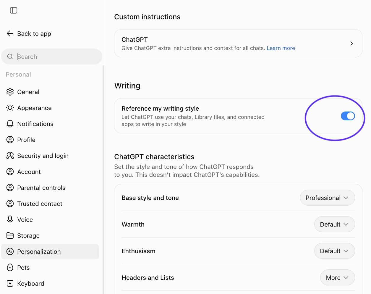 ChatGPT characteristics settings: Base style and tone, Warmth, Enthusiasm, Headers and Lists, Emoji
